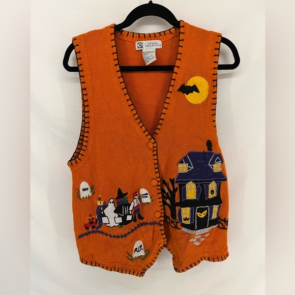 Vintage 90s Halloween Orange Sweater Vest Haunted House Trick Or Treat Size M - Picture 1 of 5